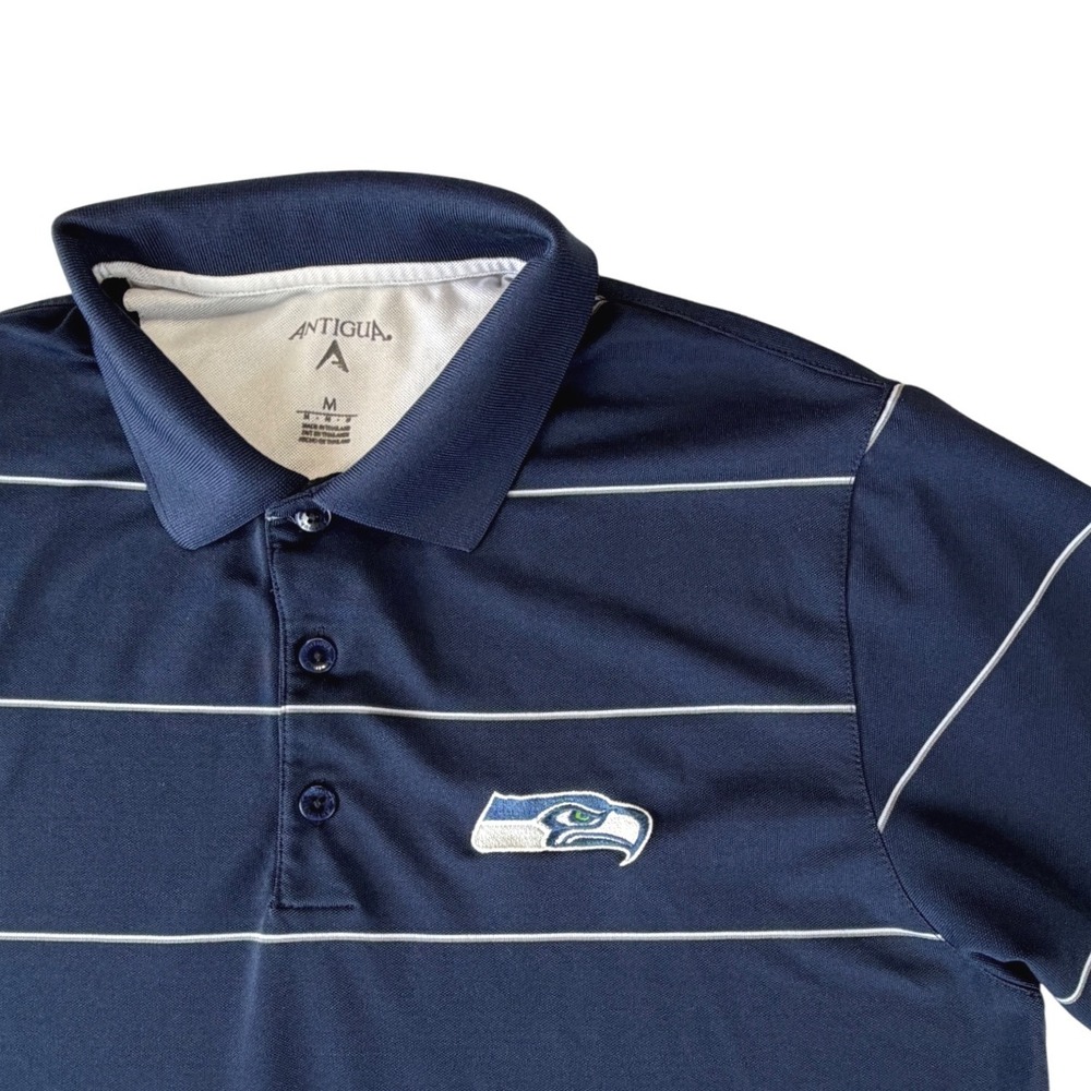 Antigua Seattle Seahawks Mens Navy Blue Striped Short Sleeve Polo Shirt Size M